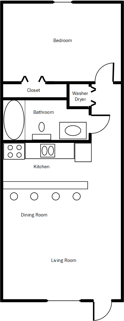 Floor plan for 1 bed, 1 bath, 700 sqft